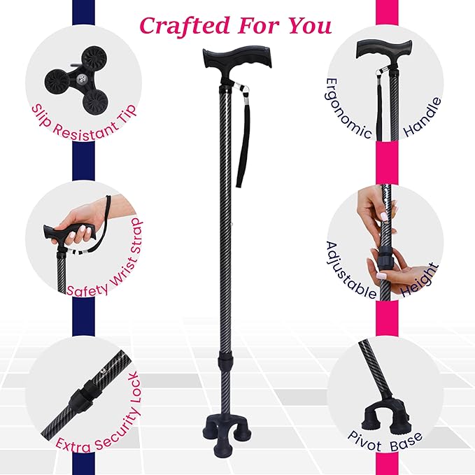 Dr. Aid Tripod and fourpod Walking Cane for Men & Women Premium Carbon Fiber Black Cane Adjustable Heavy-Duty 3 or 4-pronged Walking Stick for Seniors, Supports 400 lbs