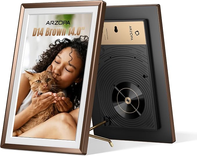ARZOPA 14" WiFi Digital Picture Frame Free Cloud Storage No Subscription 1920x1200 Touchscreen Metal Frame Load Live Photos Videos from Phone Ideal for Gifting - D14 Mocha Brown