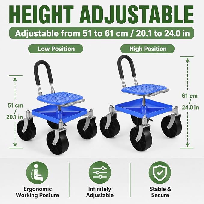 Rolling Garden Seat with Wheels, Adjustable Garden Scooter Stool with Backrest,Garden Cart with Tool Storage Tray & Backpack, Gardening Work Seat for Weeding, Planting, Yard Work (Without Backpack 1)