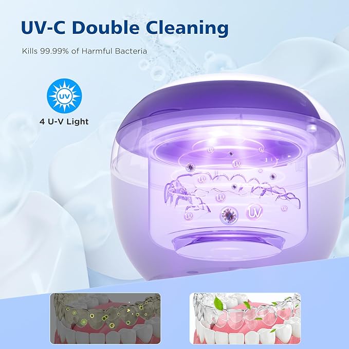 45kHz Retainer Cleaner Machine, 200ML Ultrasonic Dental Cleaning Pod with 4 Modes, Digital Timer, Mouth Guard Cleaner for Denture, Aligner, Braces, Toothbrush, Jewelry and More (White)