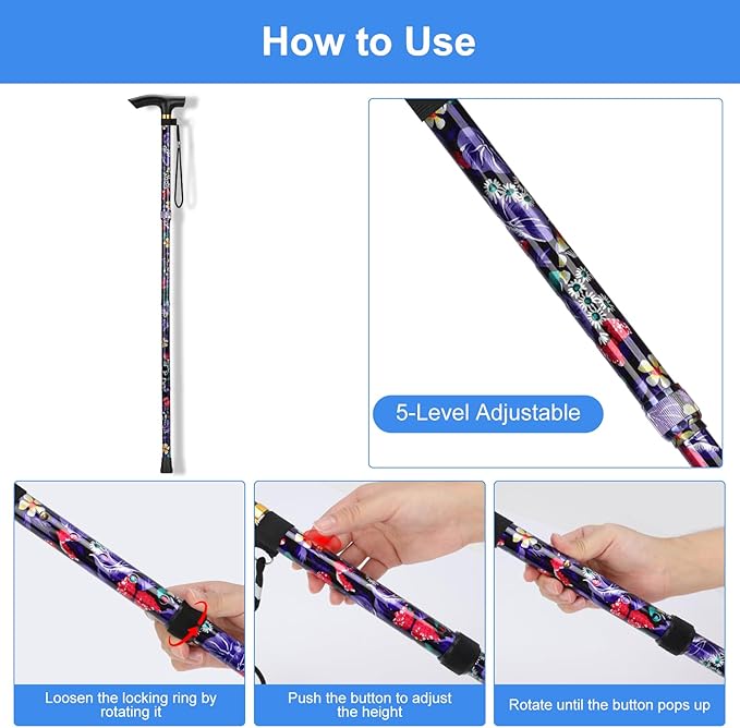 supregear Folding Cane, 5-Level Adjustable Height Walking Stick Lightweight Collapsible Portable Travel Cane with Wrist Strap and T Handle for Elderly Disabled Men Women