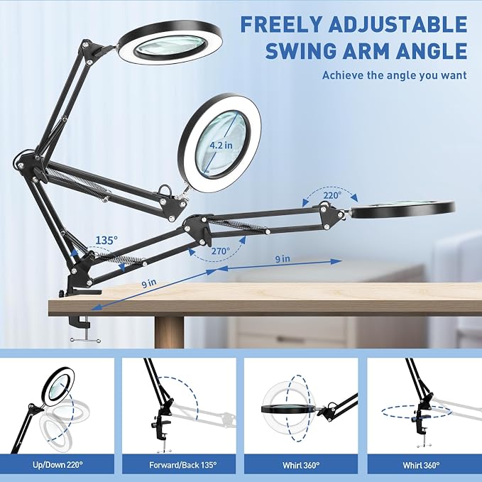 HITTI 10X Magnifying Glass with Light, 1800 Lumens Stepless Dimmable, 3 Color Modes, 4.2″ Real Glass Lens LED Lamp Square Base & Clamp, Magnifier Light and Stand for Panting, Puzzle, Close Work