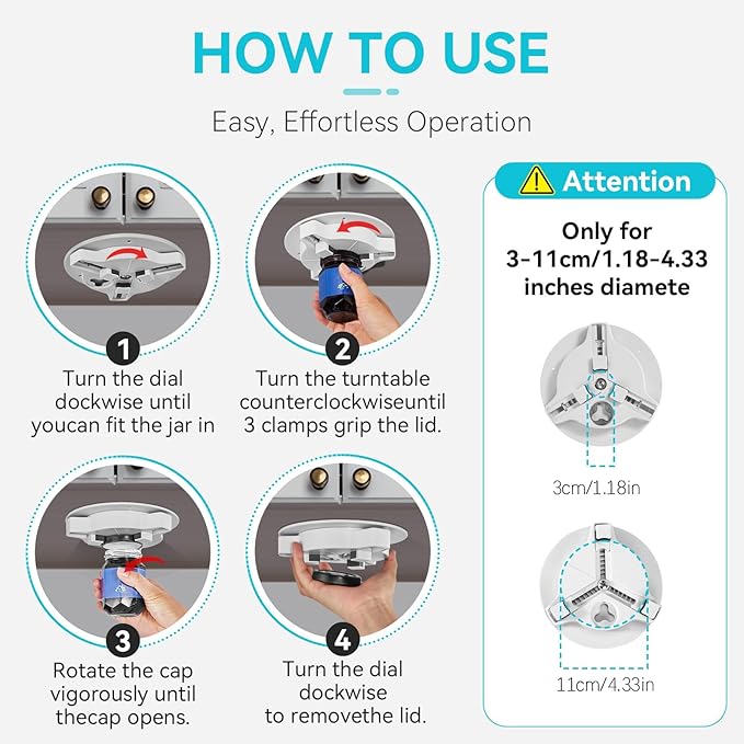 Jar Opener Bottle Opener for Seniors with Arthritis - Under Cabinet Jar Opener for Weak Hands, Rotary Lid Opener, Easy Twist-Off Lids for Jars & Bottles, Original Kitchen Gadgets (White)