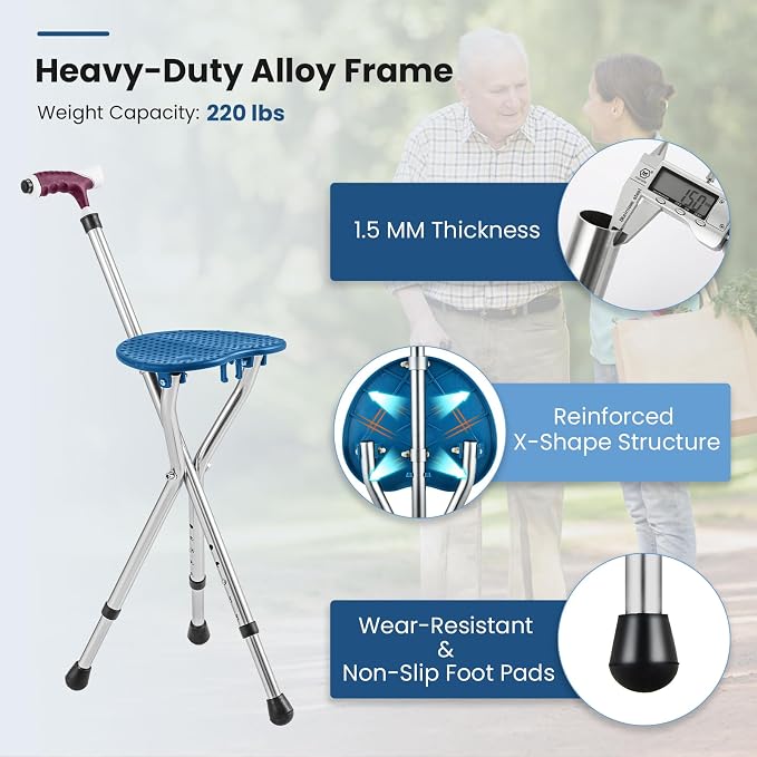GYMAX Walking Stick Chair Combo, Folding Cane Seat with LED Light, Massage Seat Board & Ergonomic Handle, Adjustable Anti-Skid Walking Stick with Stool, Lightweight Outdoor Travel Rest Stool
