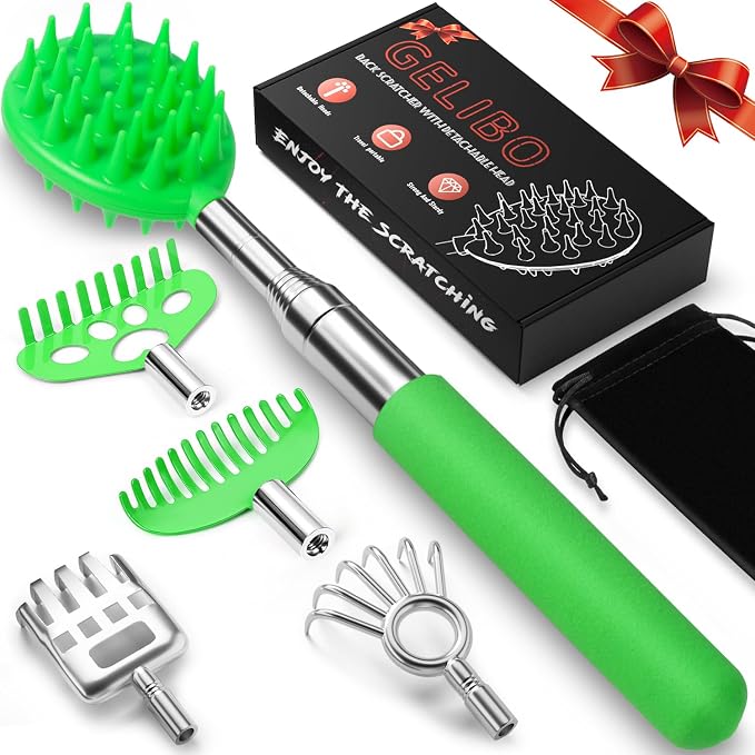 Telescoping Back Scratcher with 5 Detachable Heads, Gifts for Men Dad Green | 10-31'' Reach,Stainless Steel, Non-Slip Grip, Birthday Gifts for Men Women, Christmas Stocking Stuffers, White Elephant Gifts