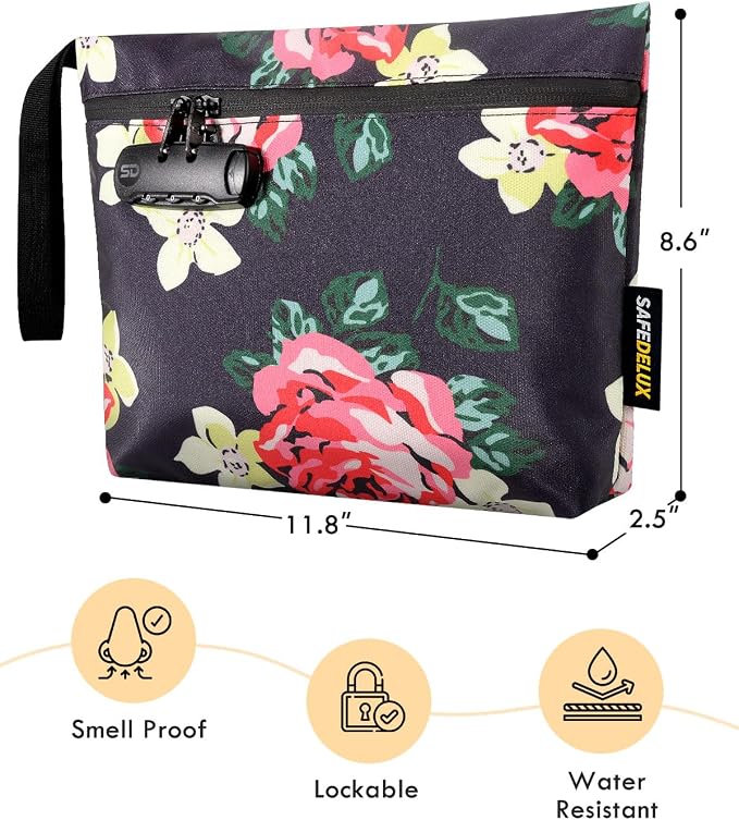 Smell Proof Bag, Odor Proof Bag with Combination Lock, Durable Smell Proof Container with Carbon Lining, Secure Odorless Travel Pouch for Home & On-the-Go (Flower)
