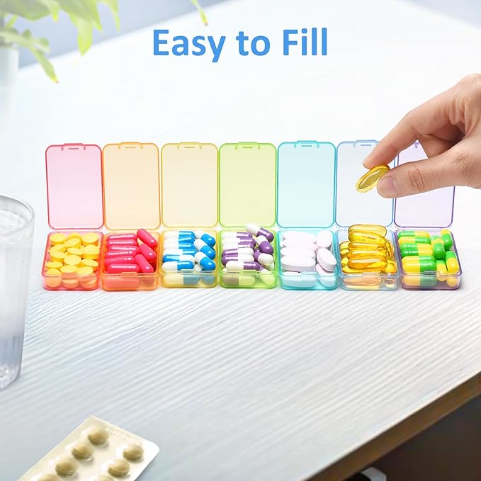 Fullicon Small Pill Case for Purse, Travel Medicine Pill Organizer, Weekly 7 Day Daily Pill Box, Pocket Pharmacy Pill Container Dispenser Holder with Labels (Clear Rainbow)