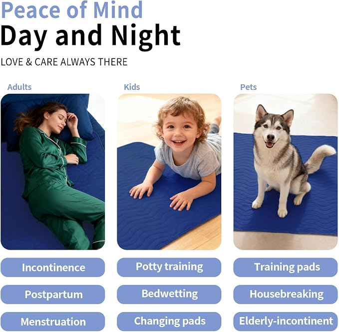 Accompagner Incontinence Bed Pads Washable Waterproof, Ultra-Absorbent Reusable Underpads for Diaper Changing, Nursing, Bedridden, Adults, Seniors, Kids and Dogs (Navy, 36"x54"(Pack of 2))