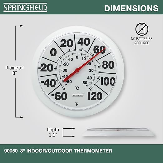 Springfield Indoor Outdoor Big and Bold Dial Thermometer, Wireless Thermometer with Easy to Read Large Numbers for Patio, Pool, and Indoor Areas, 8-Inch, White