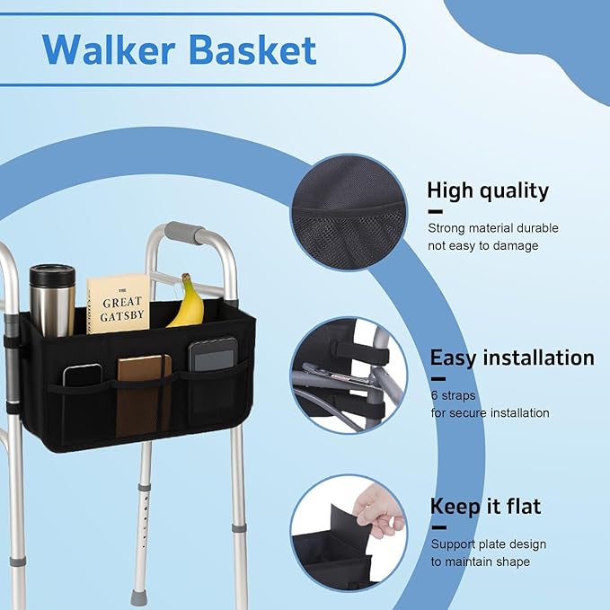 Walker Basket - Foldable Walker Bag with Cup Holder - Fits Folding Walkers - Ideal Walker Accessories for Seniors with Limited Mobility to Carry Water Bottles, Books, Essentials & More (Grey)
