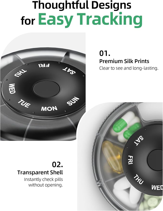 PULIV Portable Weekly Pill Organizer, Magnetic Rotary Design for Easy Use, Small Pill Case with Carry Handle, BPA-Free Travel Pill Box 7 Day for Medications, Vitamins & Supplements