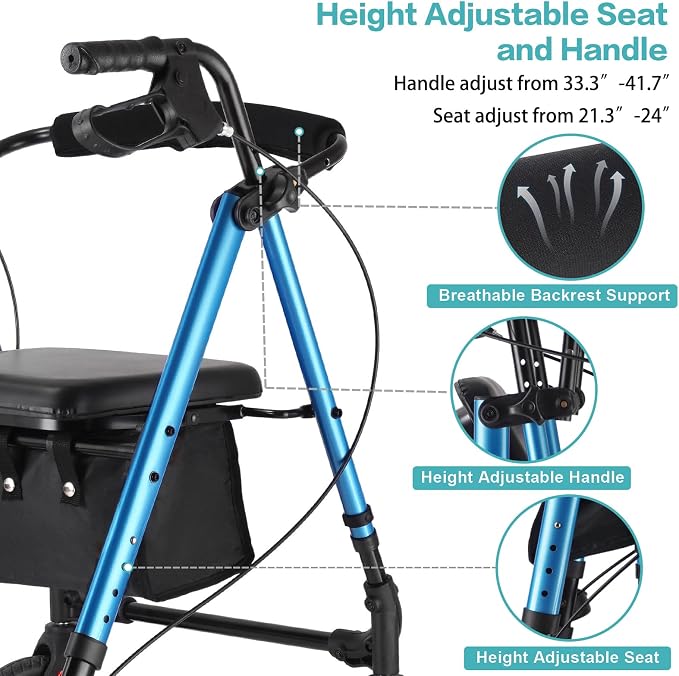 Foldable Rollator Walker for Seniors with Seat,4 Wheel Rolling Walkers | 300lbs walker with tray for Adults & Mobility Impaired|8" Airless Tires|Anti-tip brakes|Adjustable height|Tool-Free Assembly