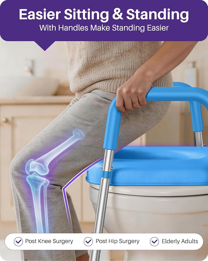KEKOY Toilet Seat Risers for Seniors, Adjustable Height Width, Fits Most Users | Padded Elevated with Handles, Tool Free Install, Fits Most Round Elongated Toilets for Handicap,Ideal for Bathroom, Blue