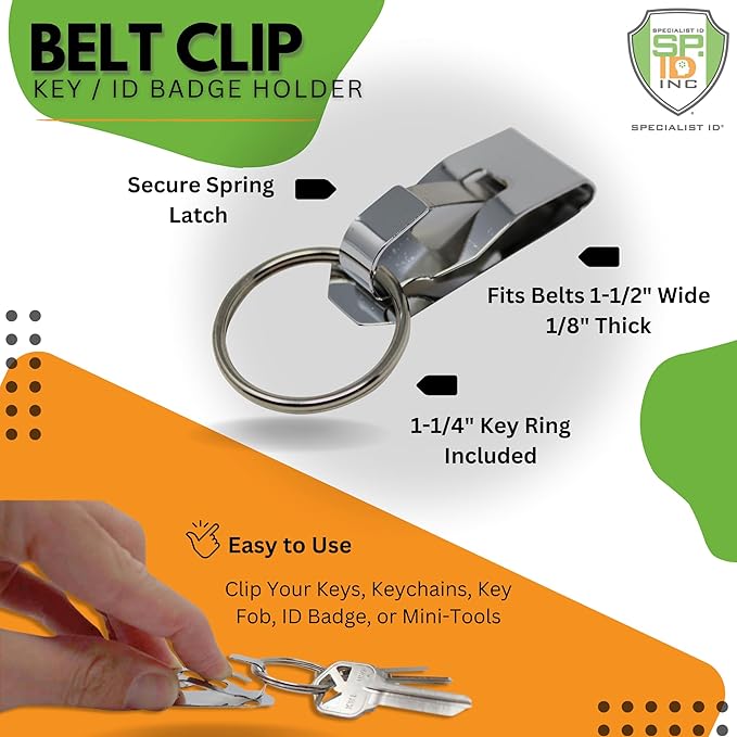Secure Belt Clip Key Holder with Metal Hook & Heavy Duty 1 1/4 Inch Keychain Ring - Metal Key Chain Keeper for ID Badge/Key