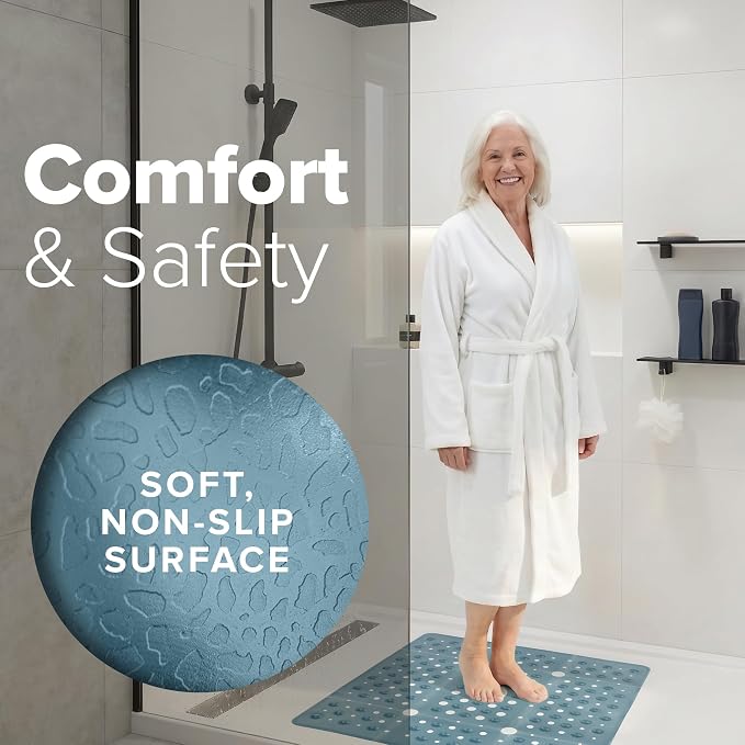 SlipX Solutions 27" Oversize Square Shower Mat, Non-Slip Mat for Elderly & Kids, 100+ Power Grip Suction Cups for Smooth Surfaces, Machine Washable, Dusty Blue