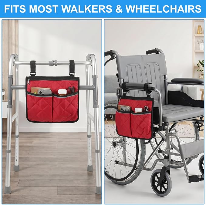 Walker Bag for Folding Walker Walker Basket with Reflective Safety Strips Foldable Wheelchair Storage Bag with 2 Adjustable Straps for Night Visibility Seniors Elderly (Claret)