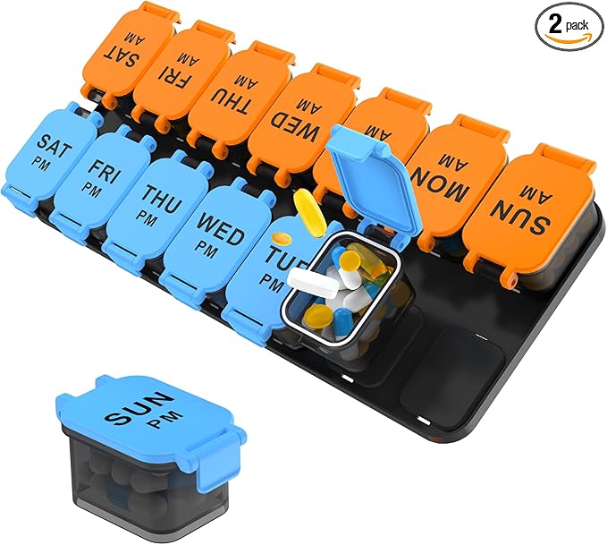 Large 7 Day Pill Organizer, XL AM PM Twice a Day Medicine Storage Box, Big 2 Week Pill Holder for Pills, Vitamins & Supplements, Travel Pill Case for Medication (Blue+Orange)