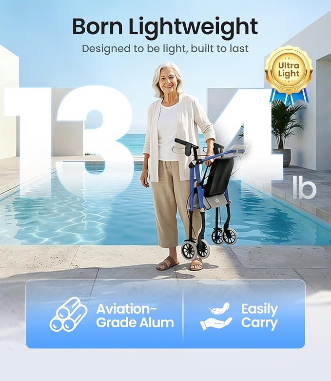 VOCIC Z12 Walker for Seniors with Seat, 13.4 LBS Ultra Light, 350 LBS | Ergo Seat & Backrest for Comfort, Height Adjustable & Easily Foldable for Seniors, All Terrain Wheels, Silver