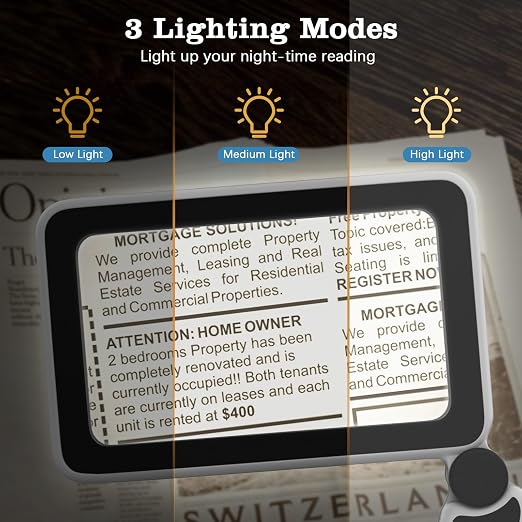 MoKo Magnifying Glass with Light, 4X Full-Page Folding Magnifier | Rechargeable magnifying glass for reading has 10 LEDs, 3 light levels and a 4.3 x 2.5 inch acrylic lens.