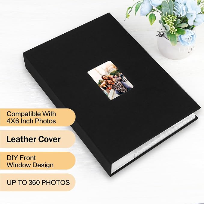 4x6 Photo Album Holds 360 Photos with Writing Space, Leather Cover Picture Book with Front Window for Family Wedding Baby Travel & Graduation Memories, Black