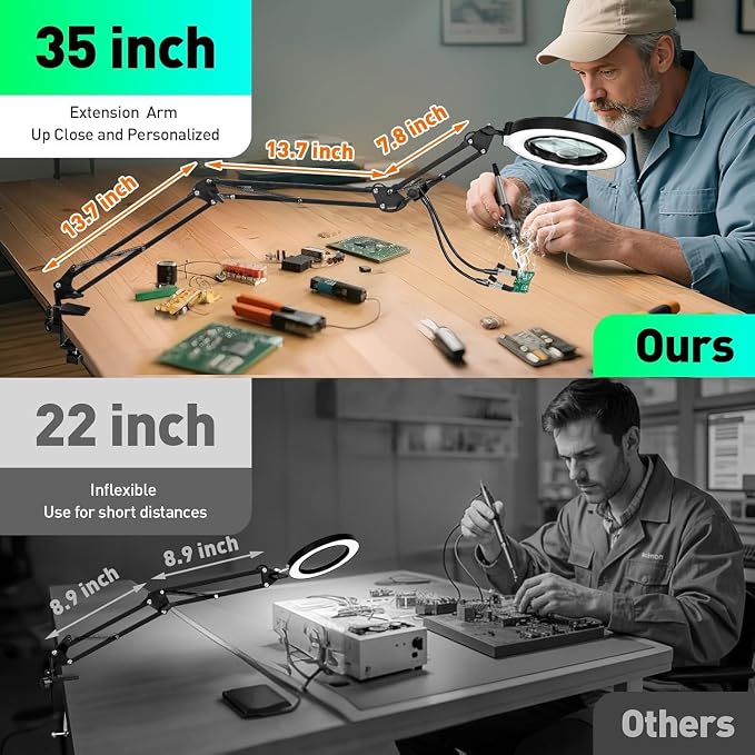 12X 30X Magnifying Glass with Light and Clamp, Soldering Helping Hand | 3-Section Swing Arm Hands-Free Workbench Lighted Magnifier, 5 Color Stepless Dimming, LED Desk Lamp for Craft Hobby Painting