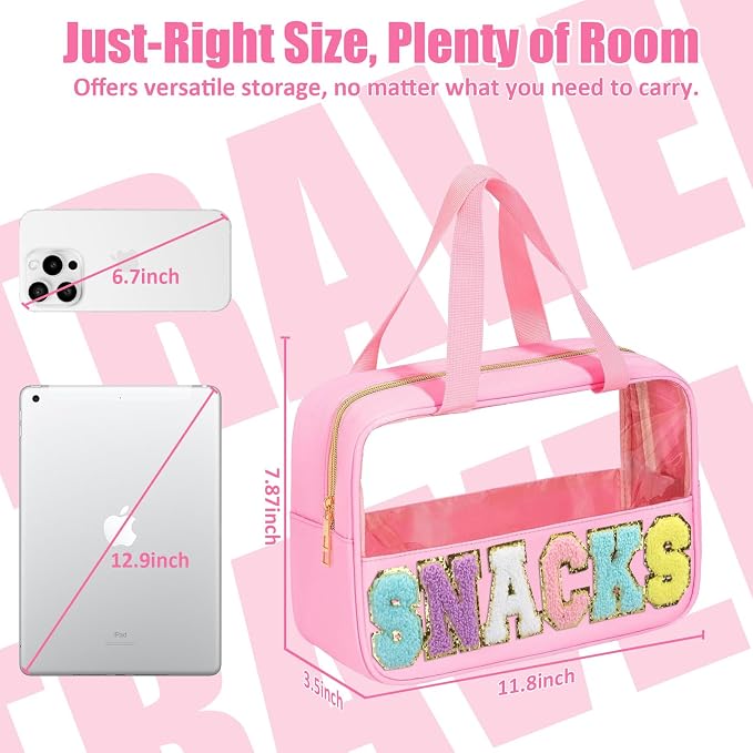 BuyCard Chenille Letter Patch Clear Travel Bags, Preppy PVC&Nylon Makeup Bag with Handle and Zipper, Waterproof Large Clear Travel Toiletry Bag Storage Bag for Women Girls