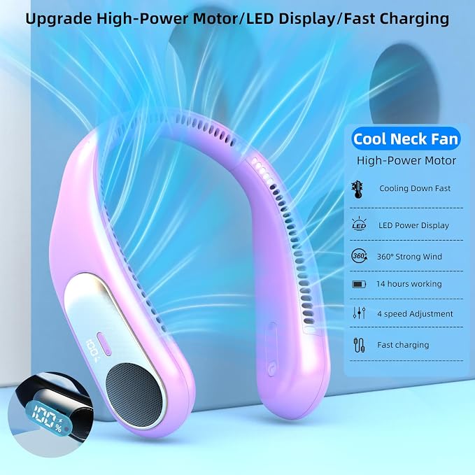 Portable Neck Fan, Personal Wearable Bladeless Fan for Outdoor Indoor, LED Display, 360° Cooling, 4-Speeds, 6000mAh USB Rechargeable, Birthday Gifts for Men Women Dad Mom (Purple)
