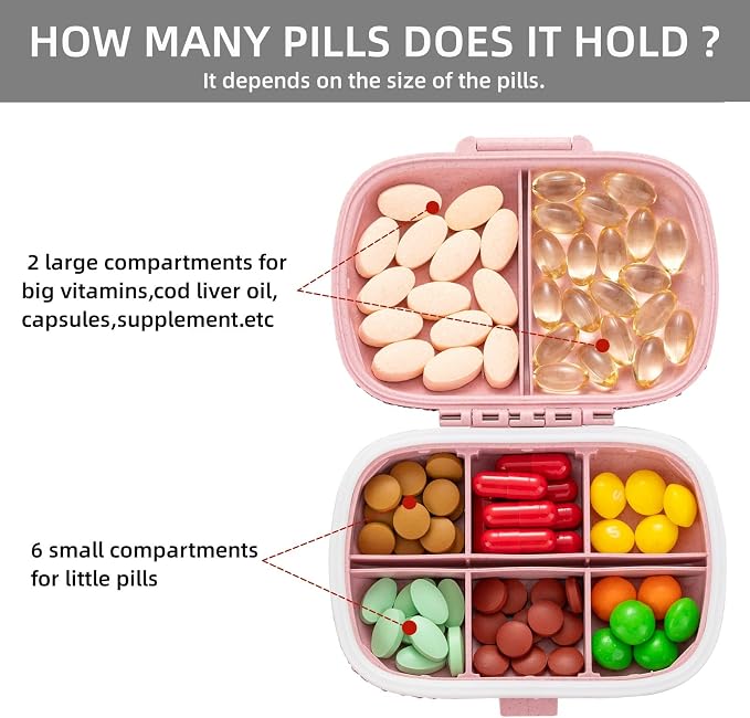 Cute Pill Organizer Small Bling Pill Case for Purse Medicine Vitamin Container Holder Daily Pill Box Container for Women Travel Medicine Kit(Letter T Pink)
