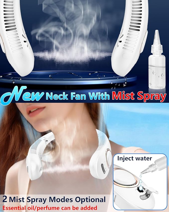 Portable Neck Fans with Mist, Rechargeable 4-9H Lasting Neck Cooling that Blow Cold Air, 5 Speeds & LED display, USB-C Bladeless Folding Personal Mister for Kid Adult Indoor Outdoors Sports, White