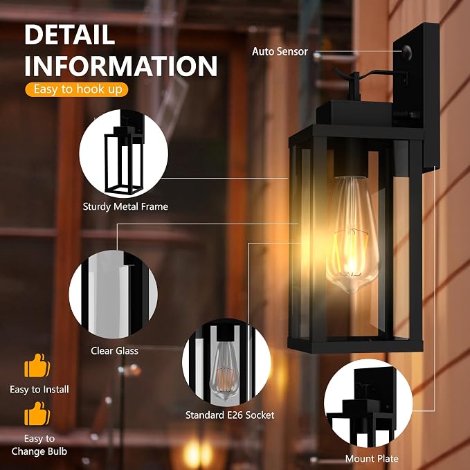 14.6 Inch Motion Sensor Dawn to Dusk Outdoor Sensor Light Fixture Anti-Rust Exterior Wall Lighting Waterproof Outdoor Wall Lantern for Porch Patio Front Door Garage