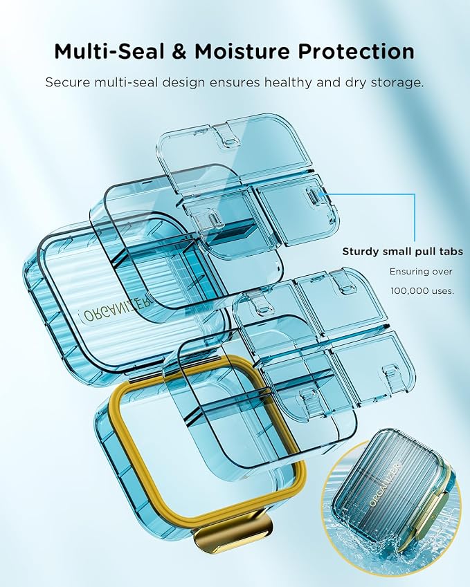 Small Pill Box, Travel Pill Case, Acedada Daily Pill Container for Purse Pocket, Moistureproof 7 Compartments Pill Holder, Stylish Portable Medicine Vitamin Organizer for Supplements Fish Oils, Blue