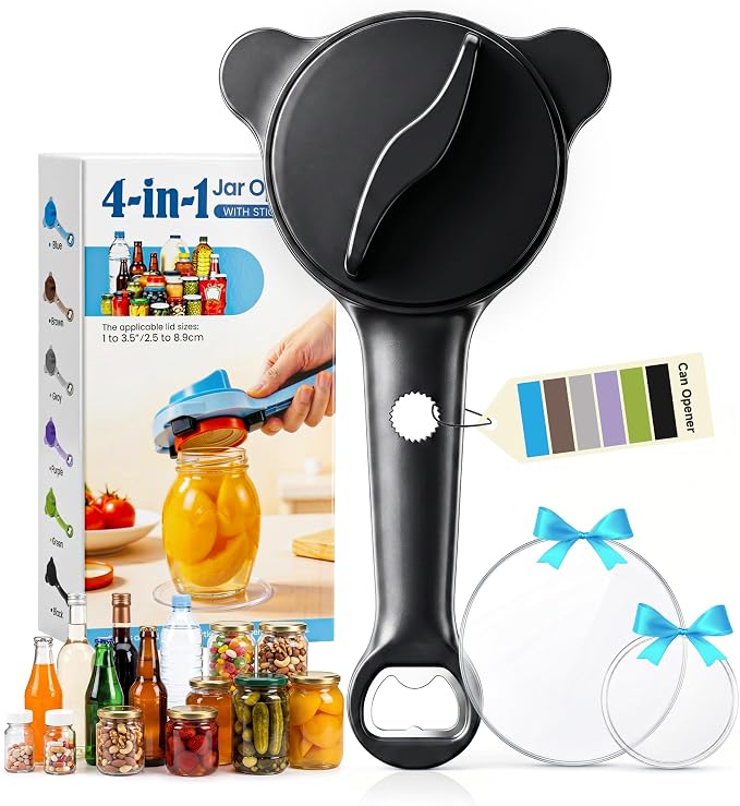 2026 Upgraded 4-in-1 Jar Opener - Adjustable Stainless Steel Lid Remover for Seniors & Arthritis Sufferers (Black)