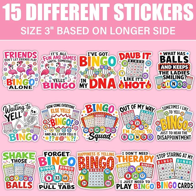 (15Pcs-3in) Bingo Games Sticker Pack, Funny Bingo Prizes Sticker for Player Caller, Gambling Gambler Gift for Senior Adult, Decoration for Laptop Tablet Office Water Bottle Helmet Vehicles