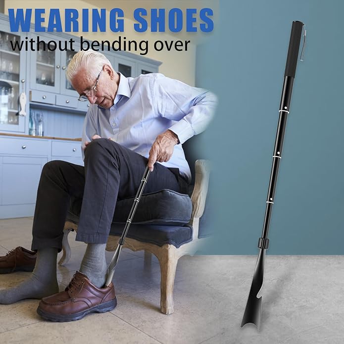 Shoe Horn Long Handle, 16.9'' - 37.4'' Telescopic Metal Shoe Horn with Trouser Hook and Sock Removal Aid, Adjustable Long Shoehorn for Seniors Men Women Kids