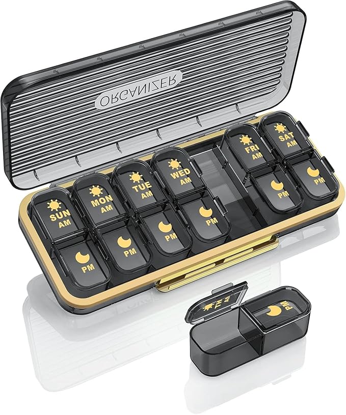 Pill Organizer 2 Times A Day, 7 Day Am Pm Pill Box - Acedada Weekly Pill Organizer Twice A Day, Portable Removable Daily Medicine Container Dispenser Case for Vitamin Fish Oil Supplement, Black Grey