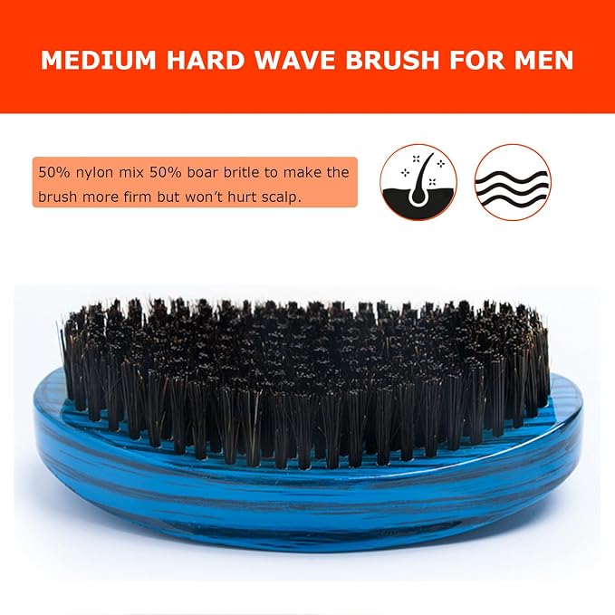 Curved Wave Brush for Men 360, Medium Hard Palm Hair Brushes Boar | Nylon Mix Boar Bristles for Black Hair Wavers to Creating 360 Waves & Beard Daily Use (Stripes Blue)