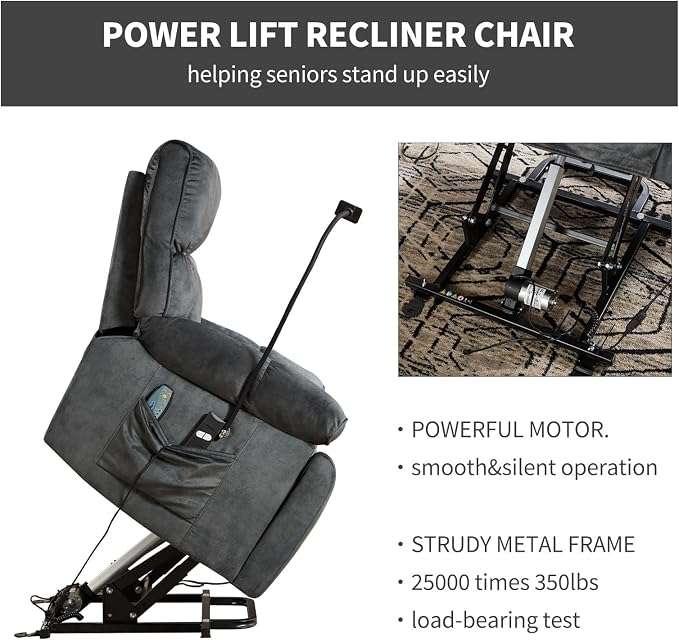 Power Lift Recliner for Elderly with Heat & Massage, Grey | Heat & Massage, Wide Electric Reclining Chair, Cup Holder, Phone Holder & Side Pockets