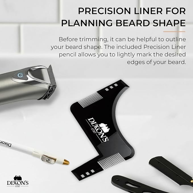 Dixon's 1737 Clear Line Pro Beard Shaper Tool for Men with Precision Liner Pencil, Black Beard Line Up Guide Template with Comb Edges Neckline and Cheek Line Trimming