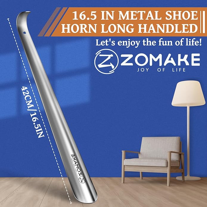 ZOMAKE Metal Shoe Horn Long Handle for Seniors 16.5 Inch,Long Shoehorn Stainless Steel Shoe Spoon Shoe Helper for Men Women