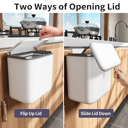 Compost Bin Kitchen for Countertop or Under Sink, 2.6 Gallon Hanging Small Trash Can with Lid, Garbage Can for Cabinet Door, Indoor/outdoor Food Waste Bin for Kitchen, Bathroom, RV, Office, White