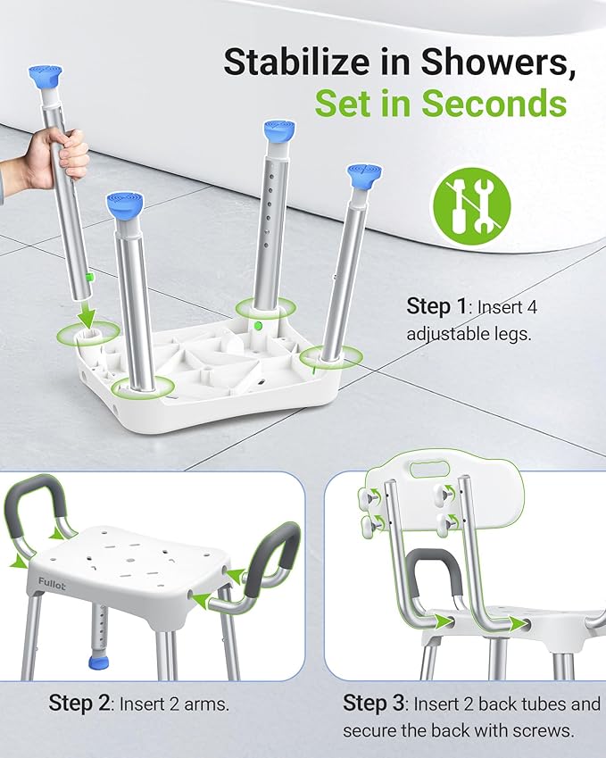 Widened Shower Chair for Inside Shower with Back & Arms,400 lbs Heavy Duty & Adjustable Shower Chair for Elderly and Disabled, Non-Slip Shower Seat, Tub Bath Chair, Tool-Free