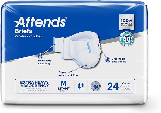 Attends Adult Incontinence Disposable Briefs, Medium, 32"-44" Waist with SecureGrip Tab Closure, Extra Heavy Absorbency with Super Absorbent Core and Breathable Side Panels, 96ct Bag