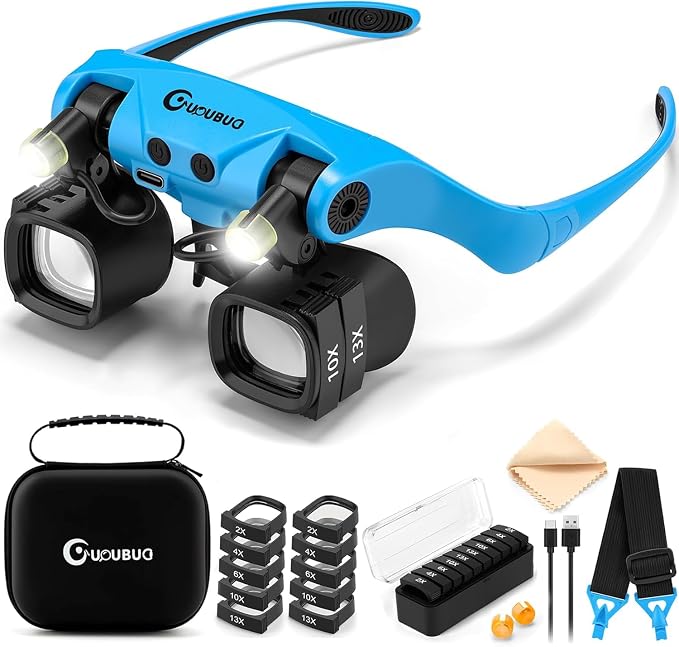 Rechargeable Magnifying Glass with Light 2X-23X,5 Pairs Lens Combos | Single Eye Observation,w/Storage Case, Switchable Headband Magnifier,Lightweight Handsfree for Close Work Watch Repair Crafts
