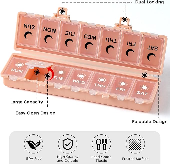 Foldable Pill Organizer Weekly 2 Times a Day, 7 Day Portable AM PM Travel Pill Case with Black&White Labels, Dual-Protection Daily Medicine Box, Large Pill Container for Vitamin/Supplement-Pink