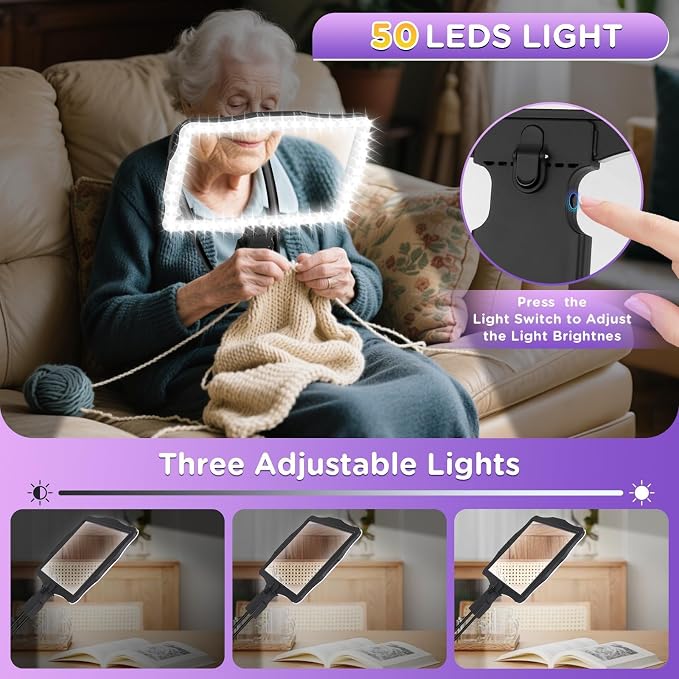 Large 10X Rechargeable Hands Free Magnifying Glass for Reading with Light | Neck Wear Magnifier with 50 Led Lights, Full Book Page,Magnifier for Seniors, Low Vision, Elderly