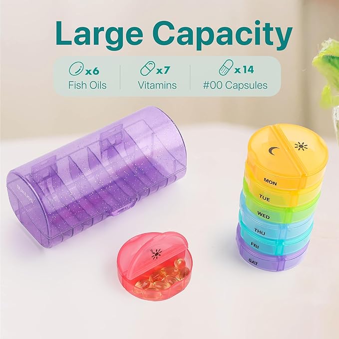 Sukuos Weekly Pill Organizer 7 Day 2 Times a Day, Large Daily Pill Box Easy to Open, Portable AM PM Pill Case for Medicine/Vitamin/Fish Oil/Supplements (Glitter Purple)