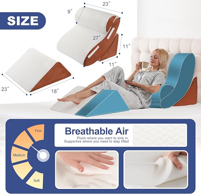 Orthopedic Bed Wedge Pillow Set 4PCS – Memory Foam Pillows for Sleeping, Post Surgery, Back Pain, Sitting Up in Bed, Acid Reflux, Snoring, Leg & Arm Support, White Brown