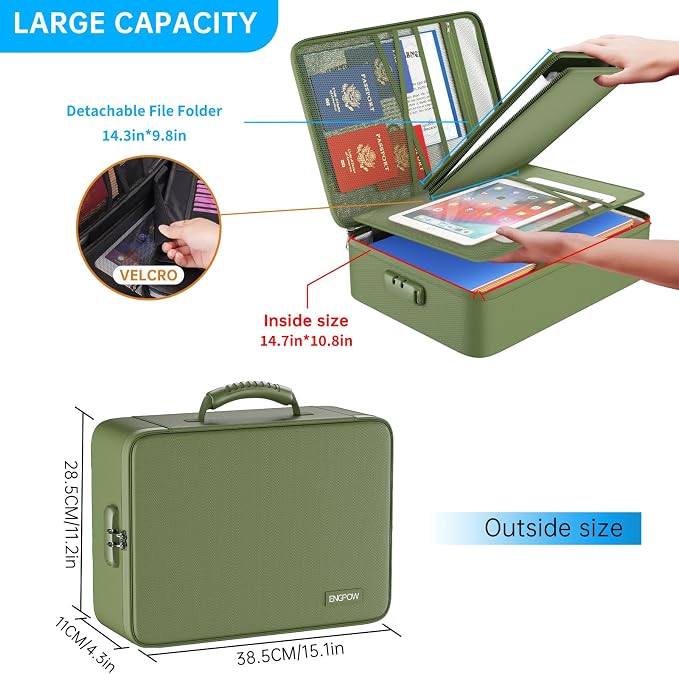ENGPOW Fireproof File Organizer Bag with 13 Pockets Accordion File Folder | 5200℉ Document Organizer Box with Lock & Labels, Multi-Layer, Portable Home Safe Storage for Important Documents, Green