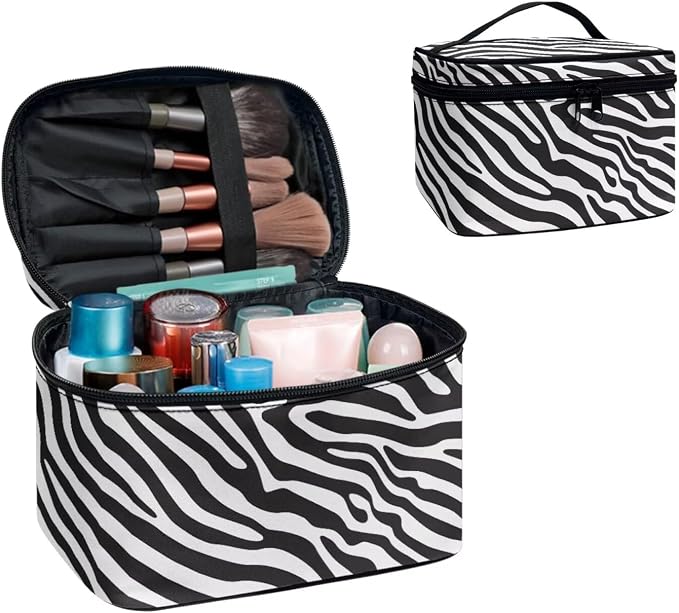 Zebra Stripes Women Large Cosmetic Bag Travel Makeup Bag Handle, Black White Animal Skin Texture Portable Toiletries Bag Brush Bags for Traveling