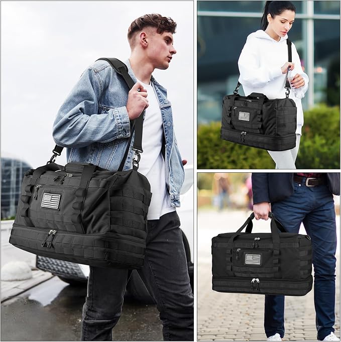 Gym Bag for Men Women, Carry on Luggage 22x14x9 Airline Approved Duffle Bag | Tactical Travel Bags with Toiletry Bag and Shoe Compartment, Weekender Overnight Duffel with Wet Pocket for Workout, Black